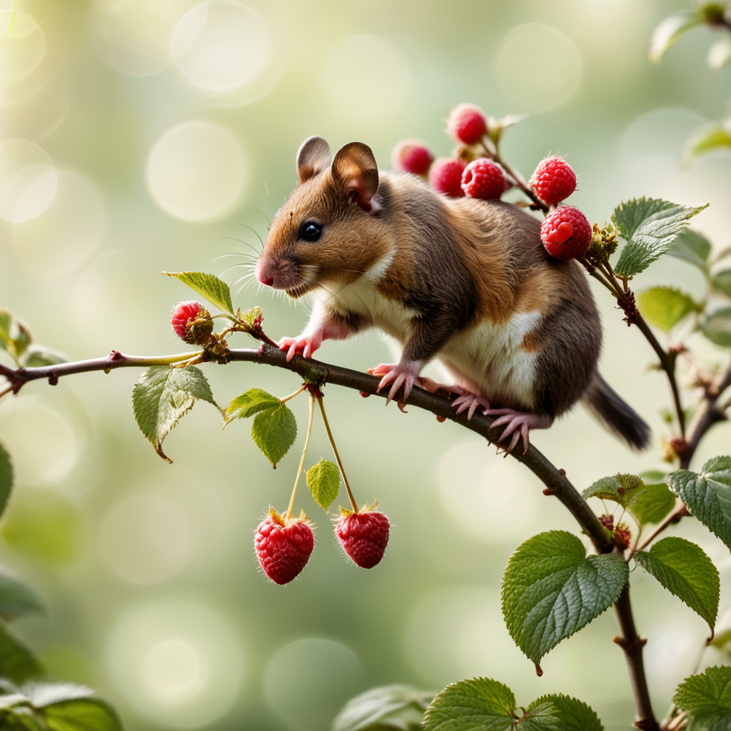 Mouse sitting on a raspberry branch + bokeh background