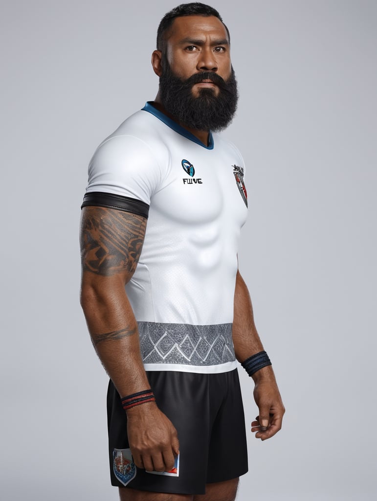 Fijian men with long beard whereing fijian jersey playing rugby as thor god of thunder