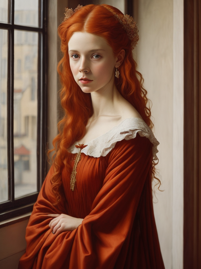 Portrait of a red-haired young girl in front of a window, vintage dress, 15th century, painting, oil, Italy, style of Sandro Botticelli, illustration,