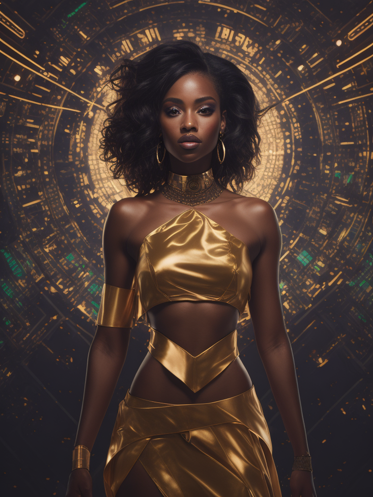 36 degree angle full body length pose of a photorealistic dark skinned beautiful 26 years woman standing, proportionate, intense coloration, black colored hair, upper-class fashion, full body, cover, wearing mini skirt design and crop top, hyperdetailed, luminism, octane render, in a Night club lighting, complex, 8k resolution, WLOP, Alphonse Mucha, little fusion pojatti , details bioluminescence : hypereallistic cover photo awesome full color, klimt, cinematic, mix of bold dark lines and loose lines, bold lines, r , real life human, bold colors on dresses, 2019 trending photo, big booty, hyper-realistic picture, black skirt, extremely symmetrical!!, strong features, wide-angle, peruvian, blimps, bixbite, guardrail, eye candy