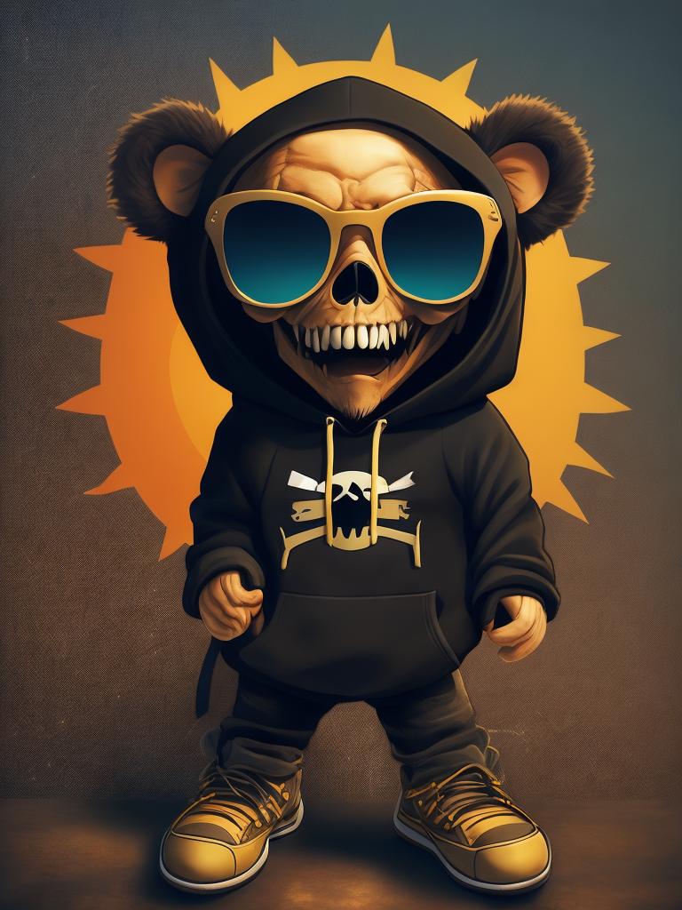 A cute stuffed teddy bear skeleton with tattoos wearing a ripped black hoodie and sun glasses, graffiti art by hanna-barbera, behance contest winner, lyco art, funco pop, behance hd, 2d game art, official art