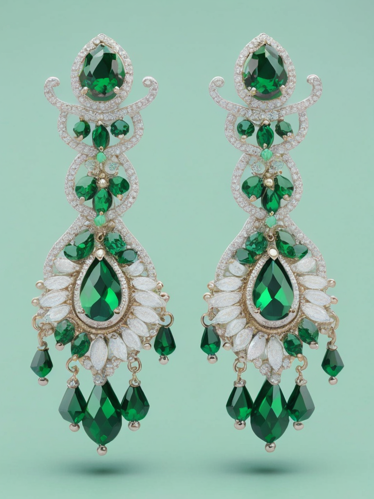 Queen gold jewellery earrings adorned with emeralds, green gradient background, vibrant colors, high detail, contrast light, sharp focus