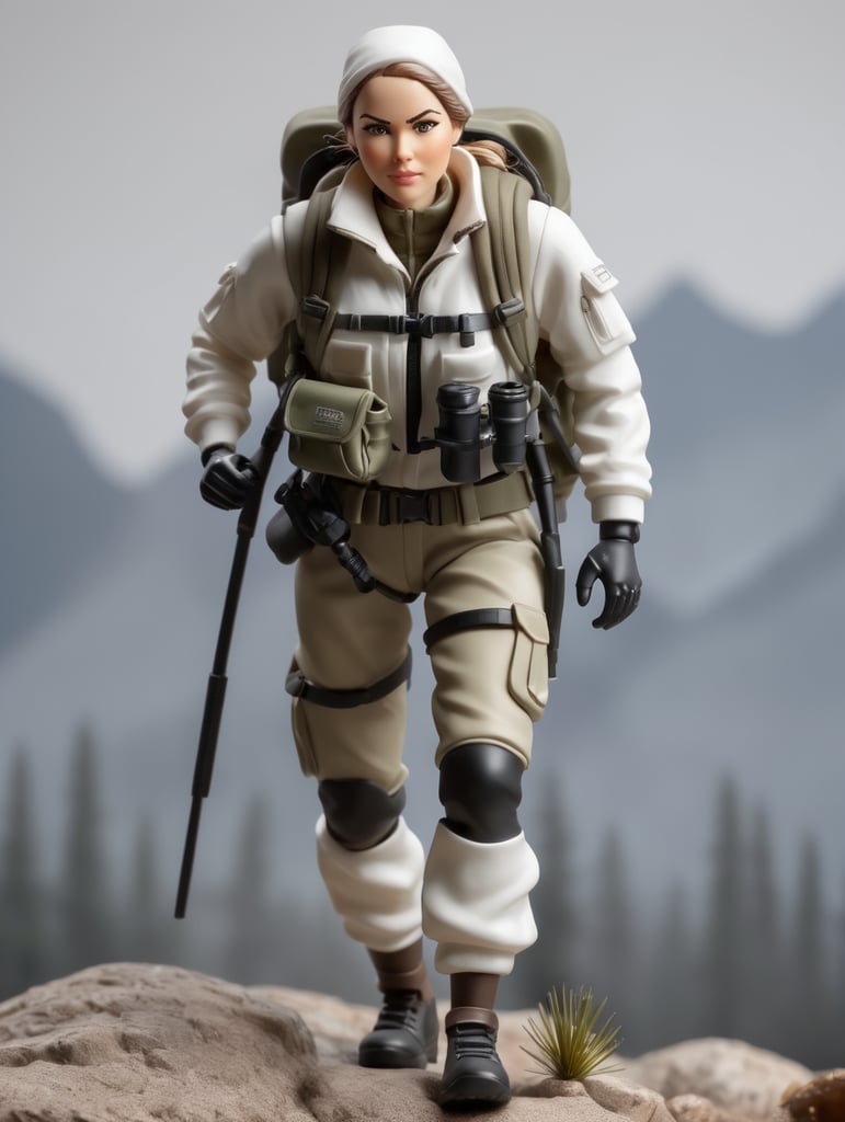 modern female hunter action figure with a real short beard wearing white clothes and a camping backpack