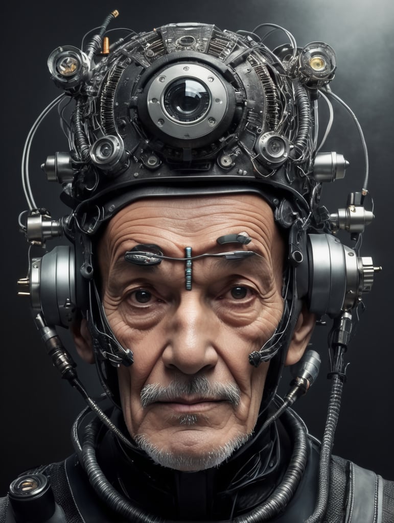 The image features a 100 years very old man with a unique appearance, wearing a headpiece that resembles a robot or a cyborg. The headpiece is made of metal and has various wires and cables attached to it, giving the man a futuristic and mechanical look. The man's face shows his age and is also covered in scars, adding to the overall intriguing and unusual appearance. The scene appears to be set in a dark environment, further emphasizing the mysterious and captivating nature of the man's appearance.