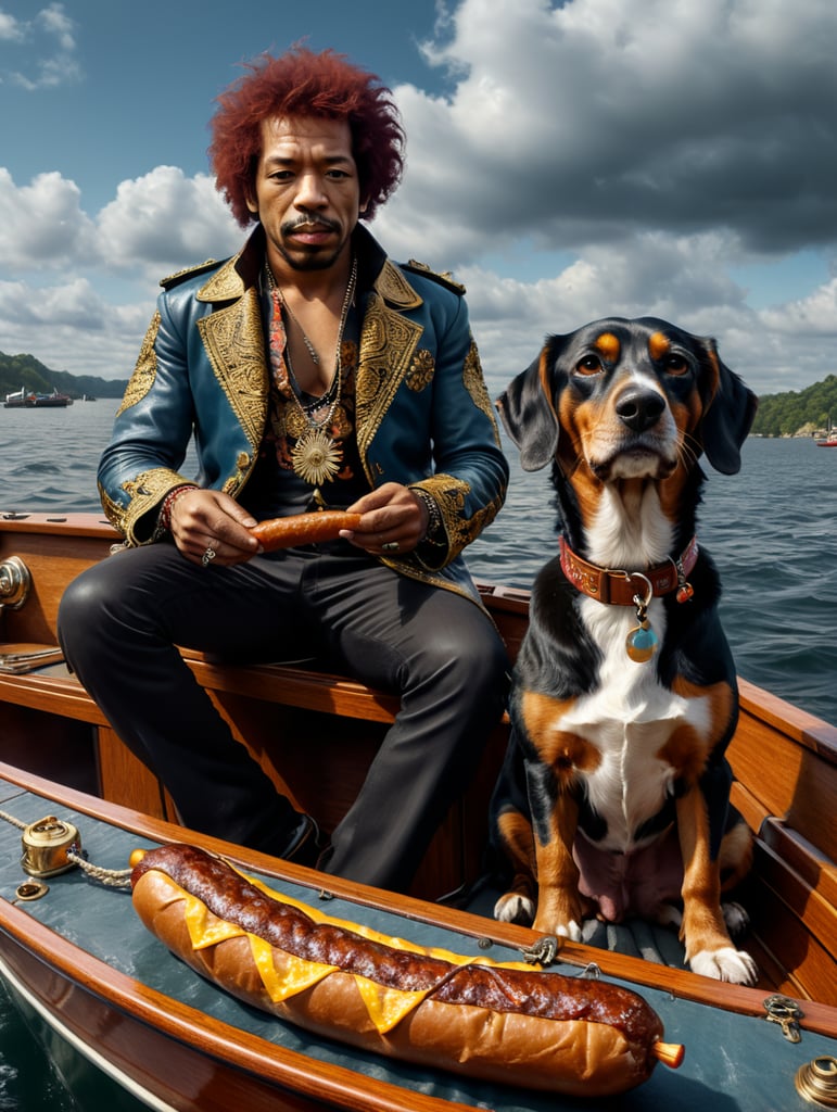 Jimi Hendrix and a sausage dog on a boat