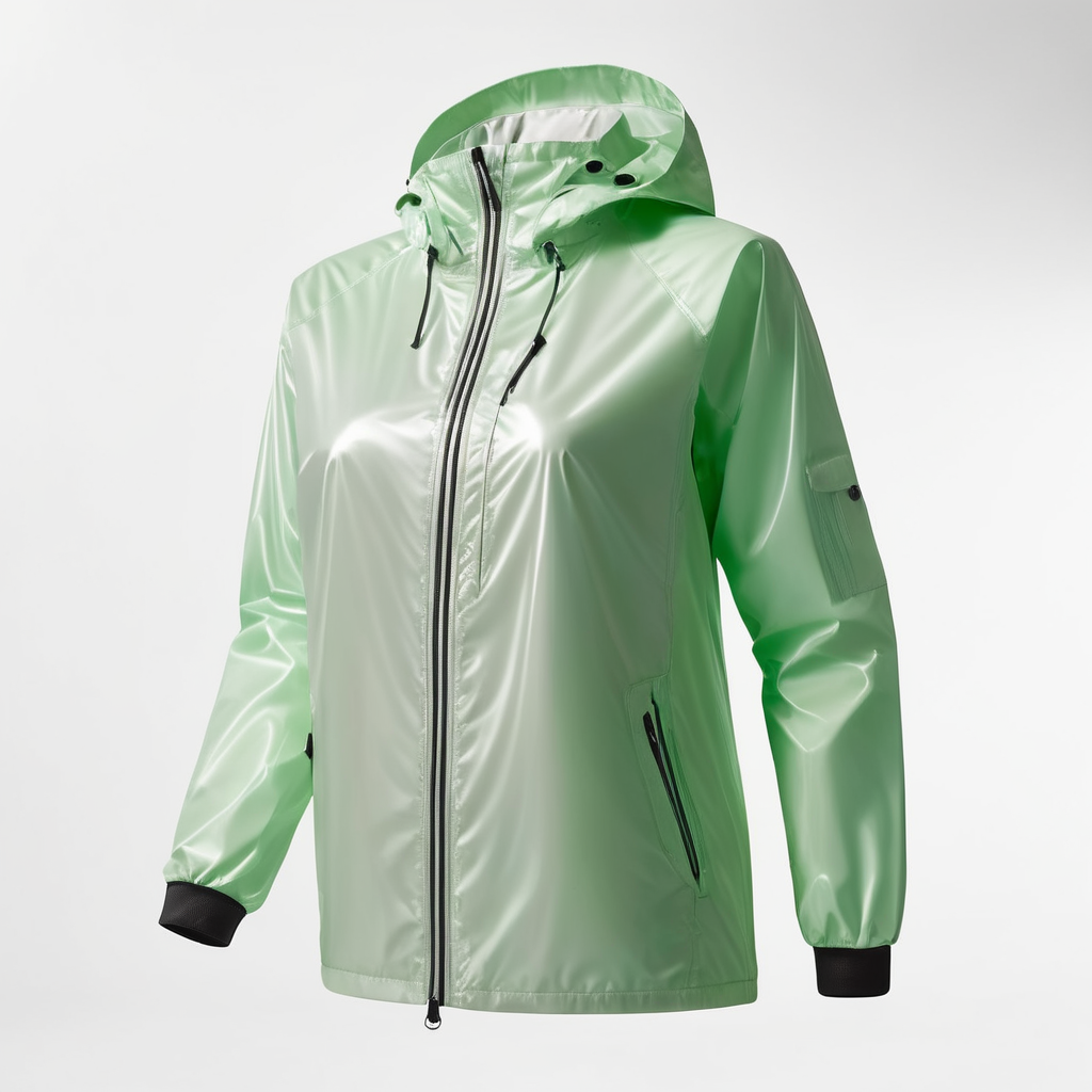 A realistic photo of a chrome windbreaker jacket, for women, coverall with reflective material, isolated, white background
