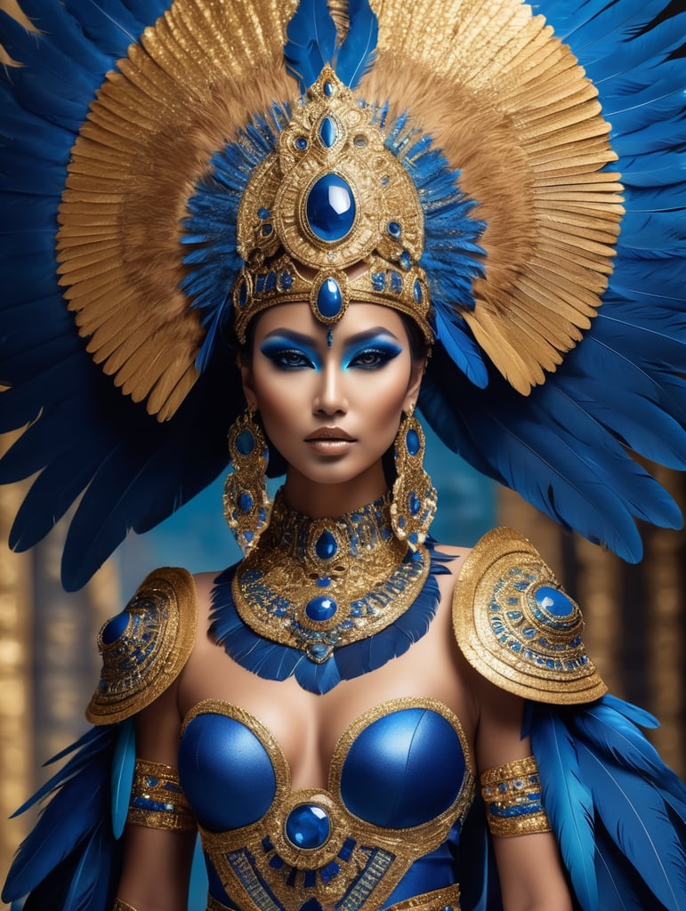 A tan skin mayan queen all blue and gold elaborate outfit, with huge headpiece center piece, blue gold makeup with oversized headdress with long bird feathers, with depth of field, fantastical edgy and regal themed outfit, captured in vivid colors, embodying the essence of fantasy, minimalist.