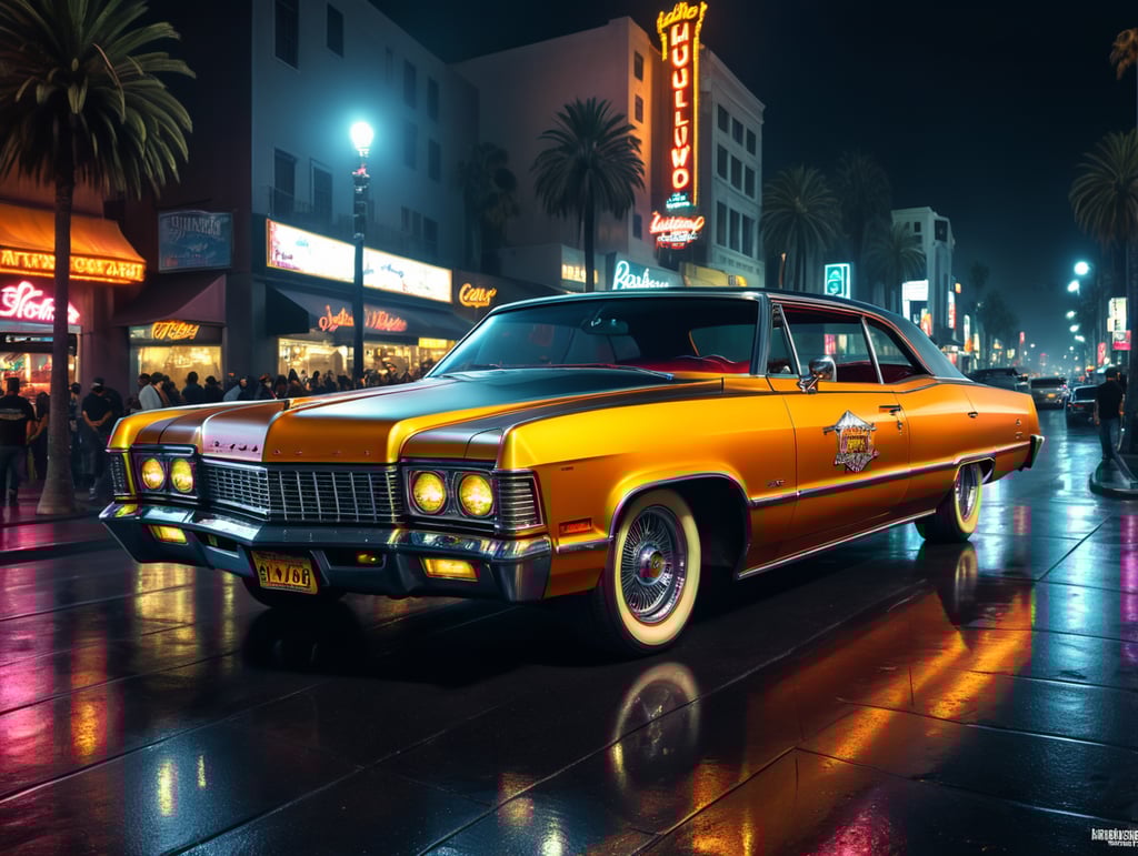 Lowrider car on hollywood boulevard by night