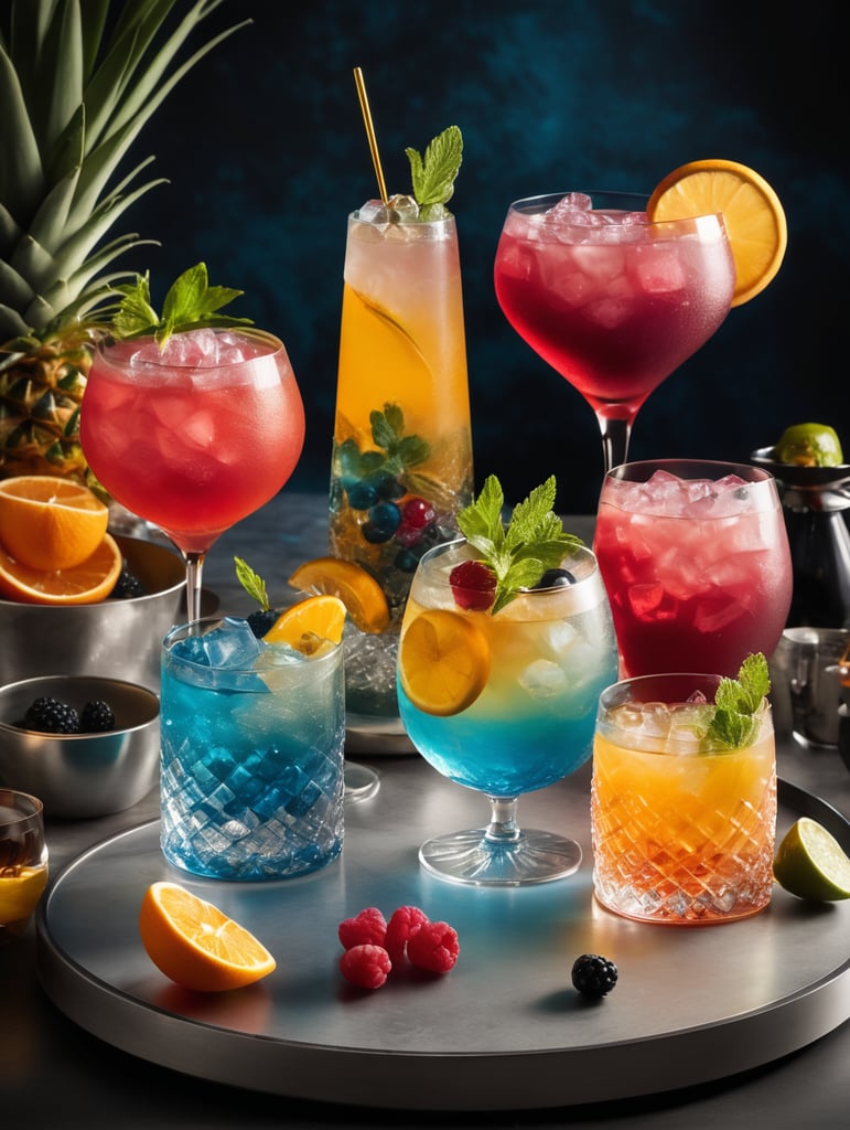 Create a visually stunning image that captures the artistry of mixology. Display a mesmerizing cocktail presentation with vibrant colors, meticulously crafted garnishes, and an atmosphere of sophistication. This image should inspire viewers to appreciate the creativity and craftsmanship behind mixology 8k, highly detailed.