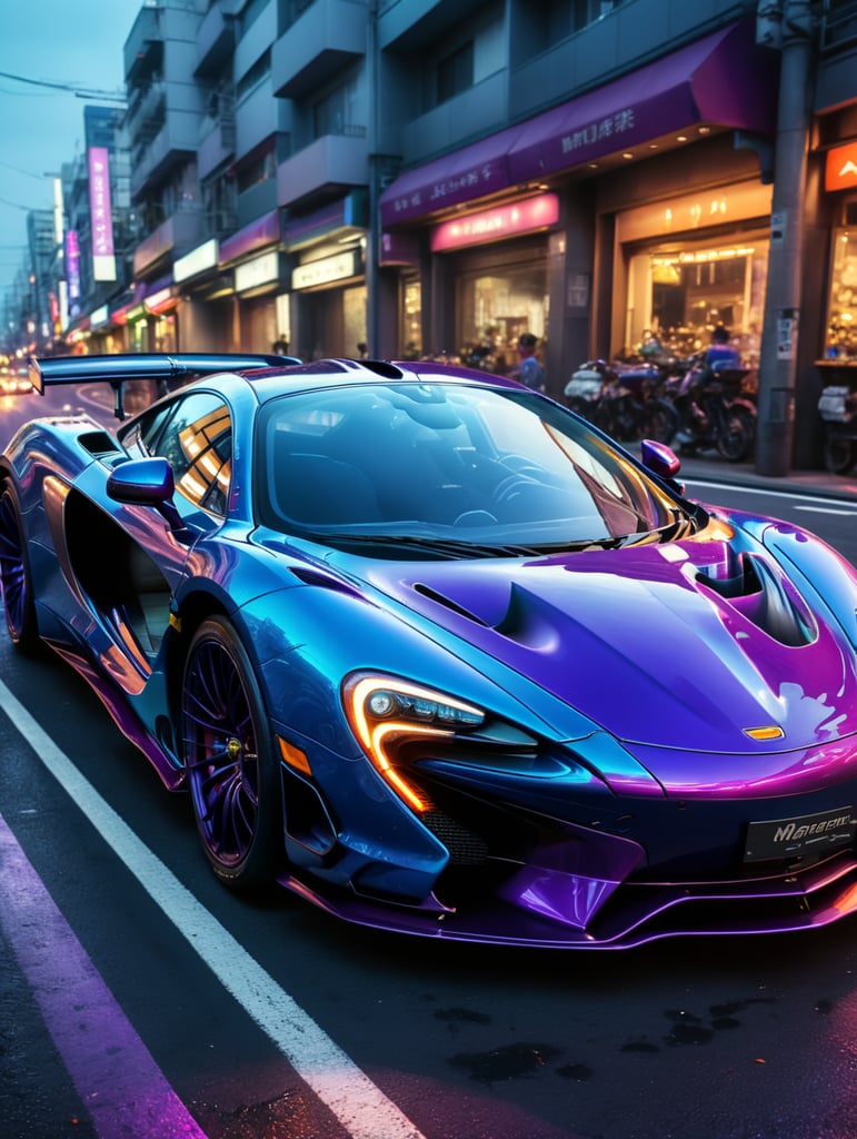 most beautiful blue and purple vibrant mclaren car known to man driving in tokyo