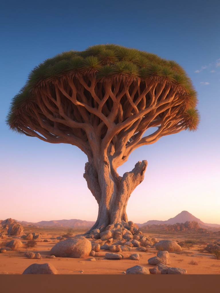 Dragon blood tree, savanna, sunset, Depth of field, Incredibly high detailed, stones, rocks, mountains on the horizon