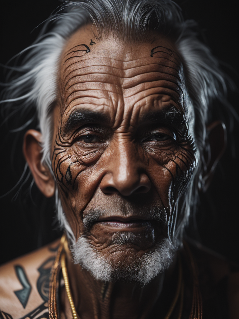 Portrait of a tribal elder with a face tattoo, photography, beautiful, black background, colorful, realistic, masterpieces, top quality, best quality, official art, beautiful and aesthetic