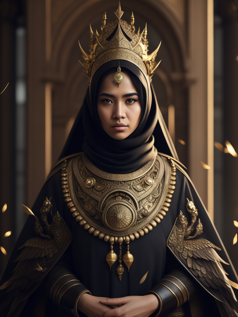 hyper-realistic, ultra-detailed photograph of indonesia white woman with arabic niqab fashion black cloak with many black bird fly in the back. Dark Renaissance ottoman throne kingdom background, photo realistic, golden jewelry, dark, sunlight fractal details, depth of field, HOF, hall of fame, detailed gorgeous face, apocalyptic environment, natural body posture, professional photographer, captured with professional DSLR camera, trending on Artstation, 64k, ultra-detailed, ultra-accurate detailed, bokeh lighting, surrealism