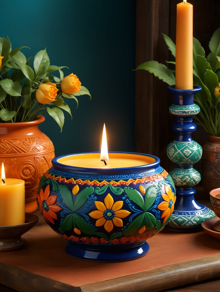 Create an image representing "Isabel's Arte Velas," a candle collection inspired by Mexican art and culture. Picture a candle displayed in a hand-painted vessel resembling Talavera pottery, adorned with intricate patterns in cobalt blues, saffron yellows, and emerald greens. The vessel exudes the warmth of sunlit terracotta, capturing the essence of ancient tales and the vibrant hues of Mexican heritage. Visualize a candle emitting a soft, flickering glow, set against a backdrop evoking the richness of Mexican artistry. Surrounding the candle are motifs reminiscent of Huichol beadwork, weaving a tapestry of cultural fusion. Imagine a garden of scents, with rose-scented candles mingling with the aroma of celestial cinnamon, infusing the air with a captivating symphony of fragrance. Capture the elegance and luxury of Isabel's Arte Velas, where tradition meets innovation. The image should convey a harmonious blend of Mexican influence and sophisticated artistry, paying homage to the legacy of a grandmother and