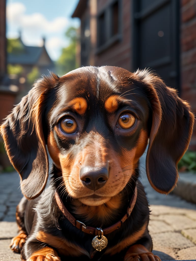 A brown and tan dachshund with large hazel eyes and floppy ears. In the Disney Pixar animation style