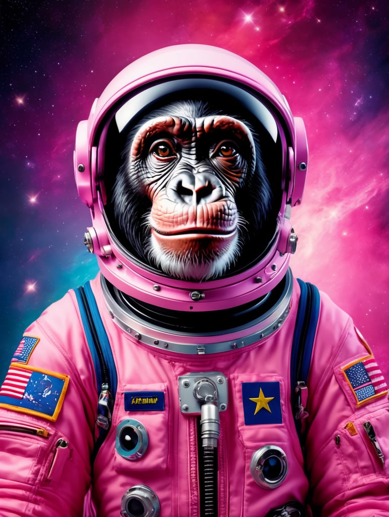 A chimpanzee going to space, wearing pink color astronaut suit, Vivid saturated colors, Contrast light, studio photo, professional photo, Detailed image, detailed face