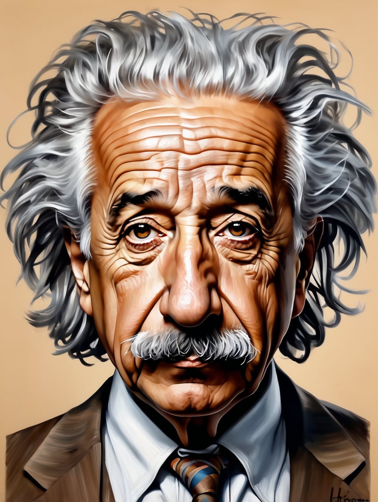 Albert Einstein drawing, in the style of iconic pop culture caricatures, hyperrealistic paintings, john larriva, chris dyer, alberto giacometti, light brown, humorous caricature, Messy hair , face tattoo