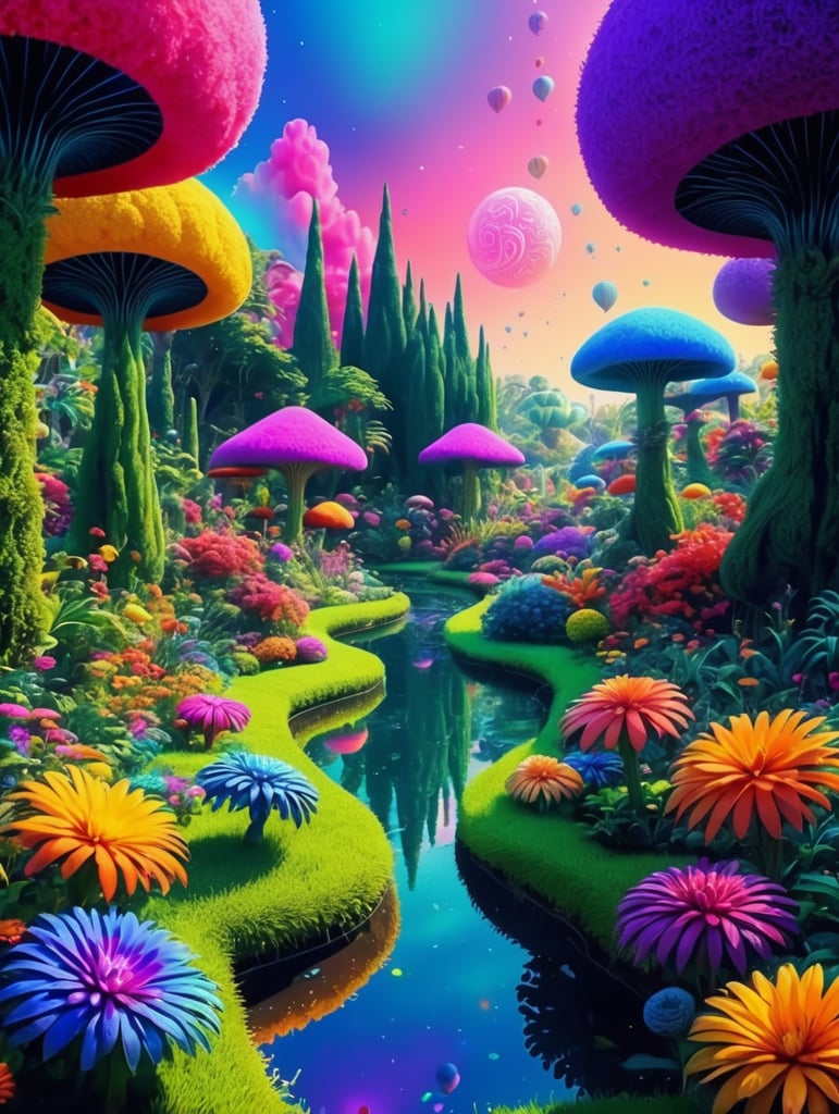 [Landscape where Dreams meet Algorithms] [LSD, psychadelic] [colorful gardens, nature celebration], cinematic, 8k, masterpiece