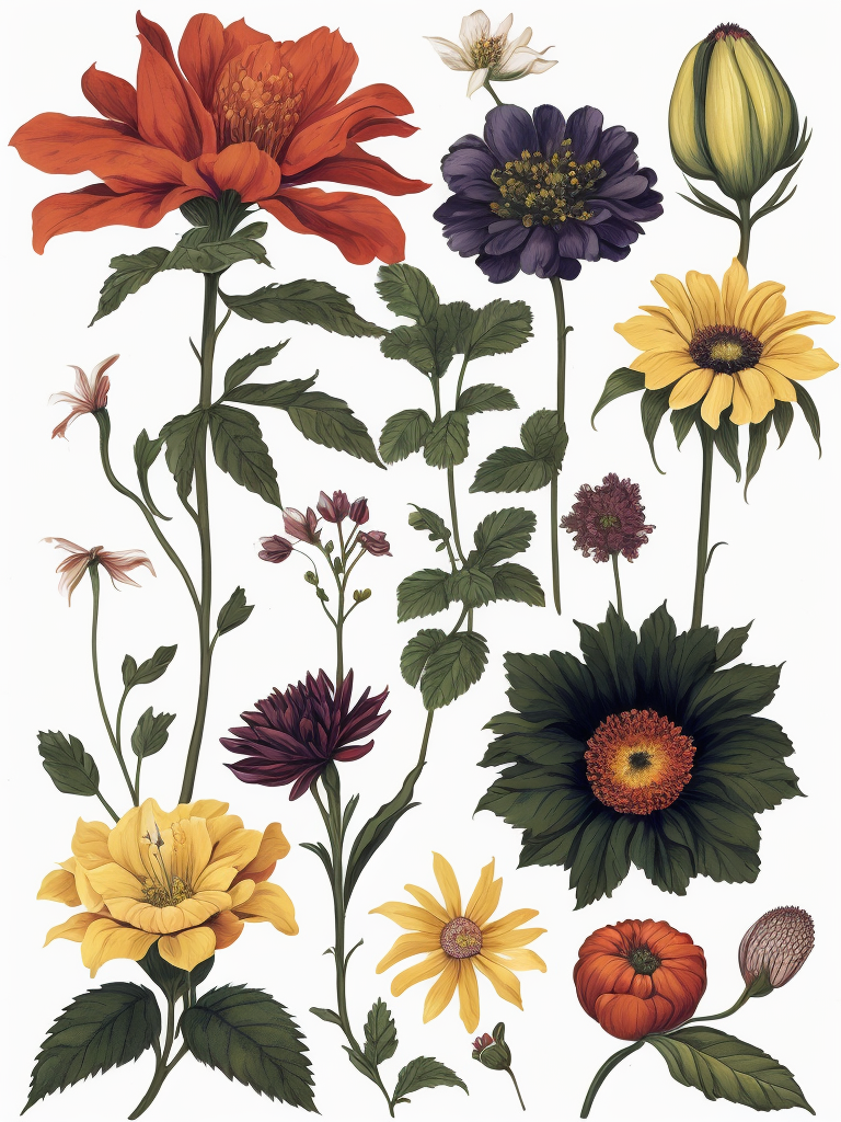 different types of psychedelic flowers, botanical illustration, white background, style of Pierre-Joseph Redoute