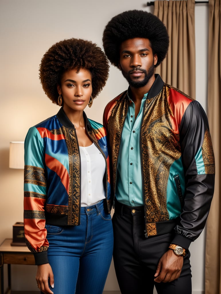 The assemblage has a very naturalistic style, with trademark use of bold colors and brushstrokes. Sportiv man and women, afro dandy, athletic shape, 80's afrobeat, custom made jacket african shirt, colorful fabric, african curtain, fashion, ebony, black, mannequin, 3d model, couple, centered image