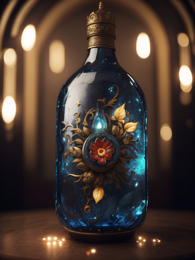 Magic elixir bottle from, carved glass, decorated with flowers and gems, fairy atmosphere, illumination, dark blue color, smoke