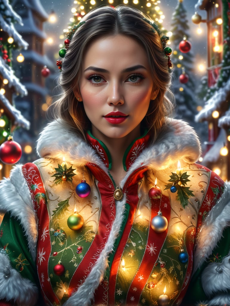 beautiful woman wearing Christmas clothes with Christmas background