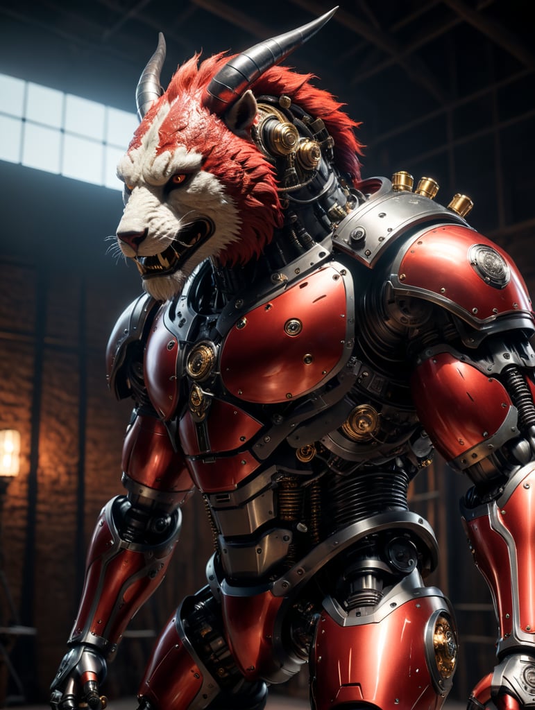 A man with an animal head + with mechanical legs + body made of metal + Cinematic lighting, Unreal Engine 5, Cinematic, Color Grading, Editorial Photography, Photography, Photoshoot, Shot on 70mm lense, Depth of Field, DOF, Tilt Blur, Shutter Speed 1 1000, F 22, White Balance, 32k, Super-Resolution, Megapixel, ProPhoto RGB, VR, tall, epic, artgerm, alex ross, Halfrear Lighting, Backlight, Natural Lighting, Incandescent, Optical Fiber, Moody Lighting, Cinematic Lighting, Studio Lighting, Soft Lighting, Volumetric, Contre-Jour, dark Lighting, Accent Lighting, Global Illumination, Screen Space Global Illumination, Ray Tracing Global Illumination, Red Rim light, cool color grading 45, Optics, Scattering, Glowing, Shadows, Rough, Shimmering, Ray Tracing Reflections, Lumen Reflections, Screen Space Reflections, Diffraction Grading, Chromatic Aberration, GB Displacement, Scan Lines, Ray Traced, Ray Tracing Ambient Occlusion, Anti-Aliasing, FKAA, TXAA, RTX, SSAO, Shaders, OpenGL-Shaders, GLSL-Shaders, Post Processin