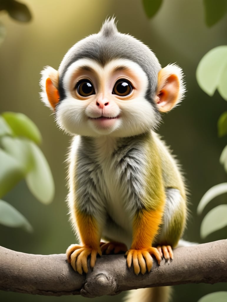 cute, fluffy, Central American squirrel monkey, full view, chibi style, disney style, cartoon style, pixar style, with background