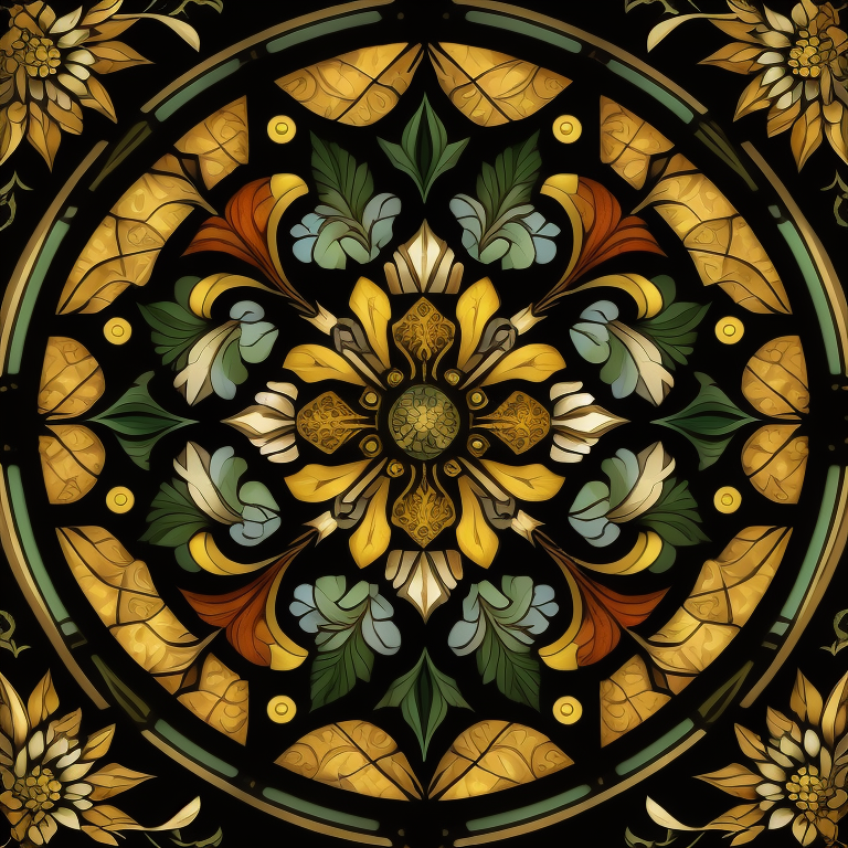 floral stained glass pattern design, art deco, art nouveau, flowers, foliage, incredibly high detail, elegant, gold, dramatic lighting, saturated colors, green, organic, symmetrical, render, high relief