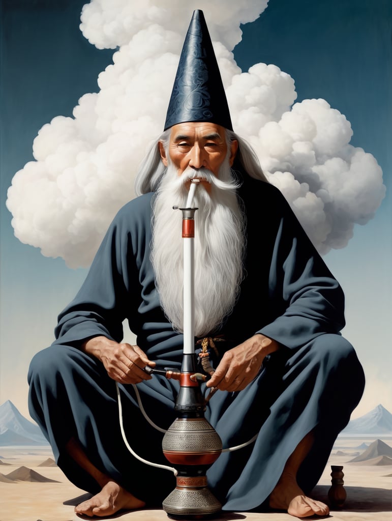 old wizard with a long beard sitting cross-legged, smoking a large hookah pipe with a huge cloud of smoke above him, style of Will Barnet