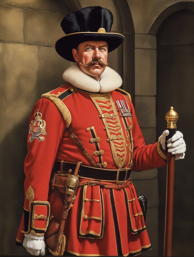 Retro poster of a Beefeater man, ceremonial guard of the Tower of London.