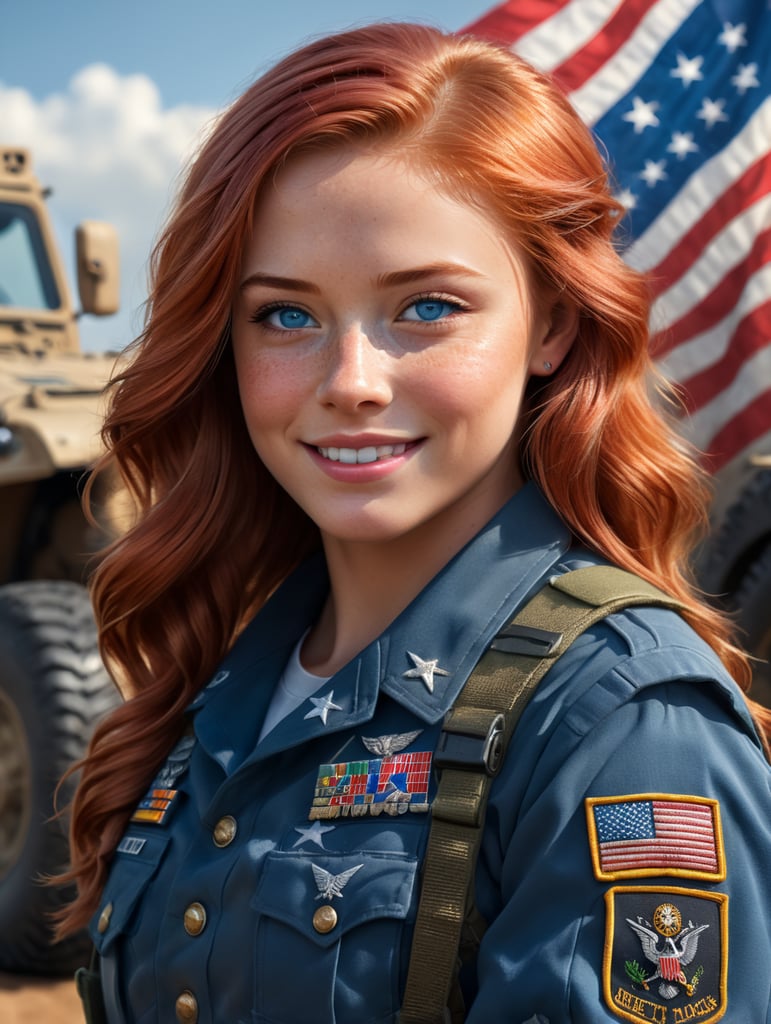 real human, real photo, cute girl with red hair and blue eyes, soft and random freckles, blush on her cheek, cute smile, natural skin tone, skin imperfection, wearing US Army combat uniform with battle gear, perfect United States flag emblem, military trucks in the background, dramatic light, taken with DSLR 4K