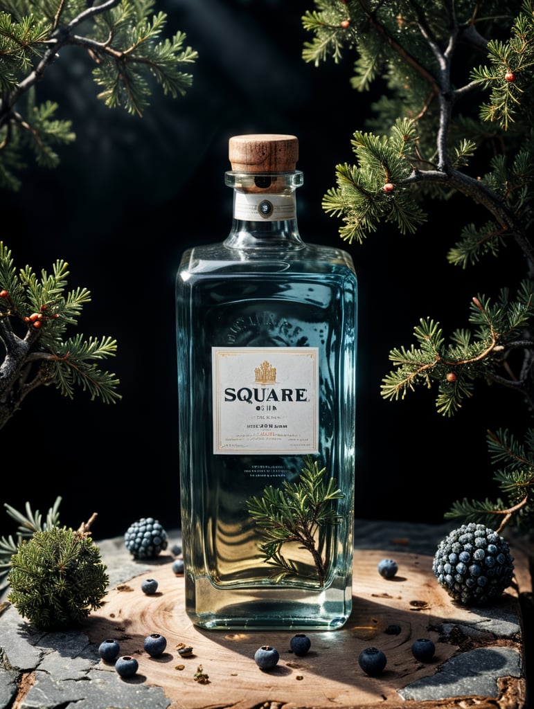 professional photography of a square gin bottle, square bottle, surrounding a juniper and juniper berries, one shot of gin in a front, no label, clear, mockup