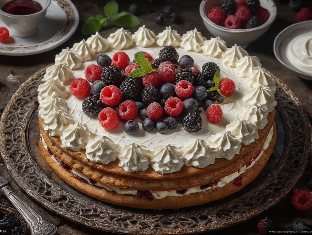 cake, flatbread with white cream and some wild berries