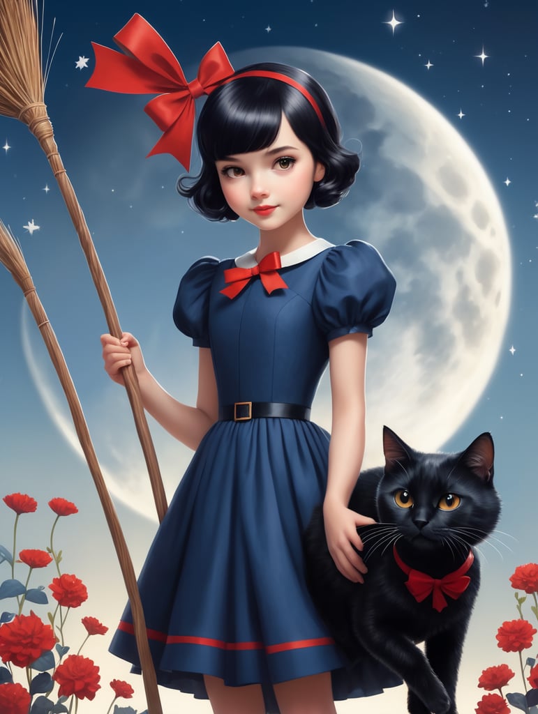 white very beautiful girl with short black hair wearing a red bow on her head, wearing a very simple dark blue dress.the girl is riding a big broom flying in the night sky along with her little black cat