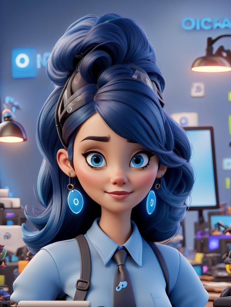 YOUNG WOMAN ENTREPRENEUR TECHNOLOGY E-COMMERCE OFFICE HIPSTER NEON PIXAR EXTREME DETAILED REALISTIC, BLUE SKIN