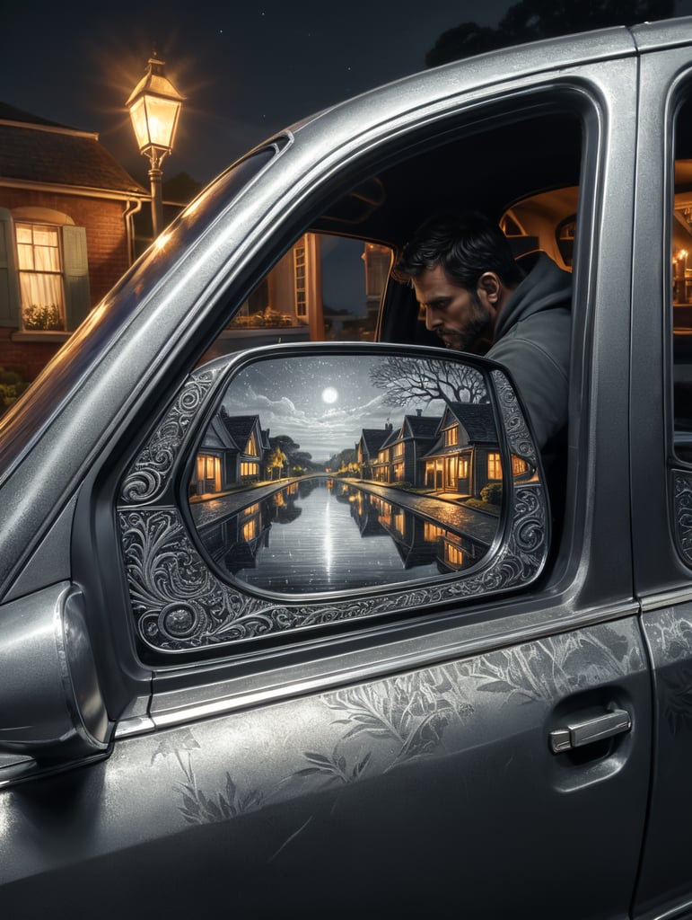 hand drawn in grey lead pencil detailed image of night refelctions on car side window of a man walking past , australian house