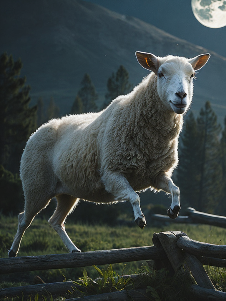 Photo realistic young sheep jumping over a fence in a field behind a house at night with a bright moon