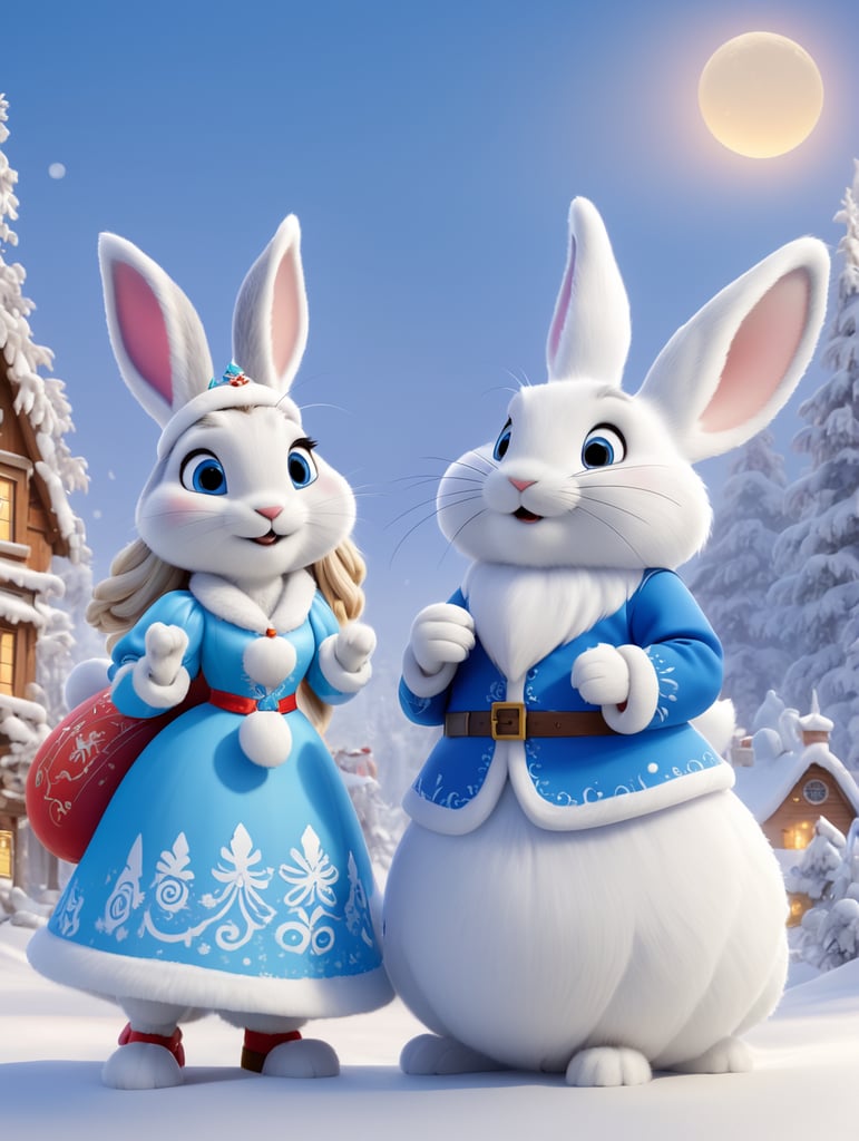 New year's card, Santa Claus and Snow Maiden, rabbit, deere, by Justin Gerard and Greg Rutkowski