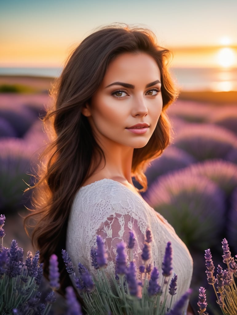 Portrait of a beautiful brunette woman in a field of lavender with ocean in the background, blurry background, sunset, vivid colors, high contrast colors, dramatic lighting, Oregon Coast, very detailed.