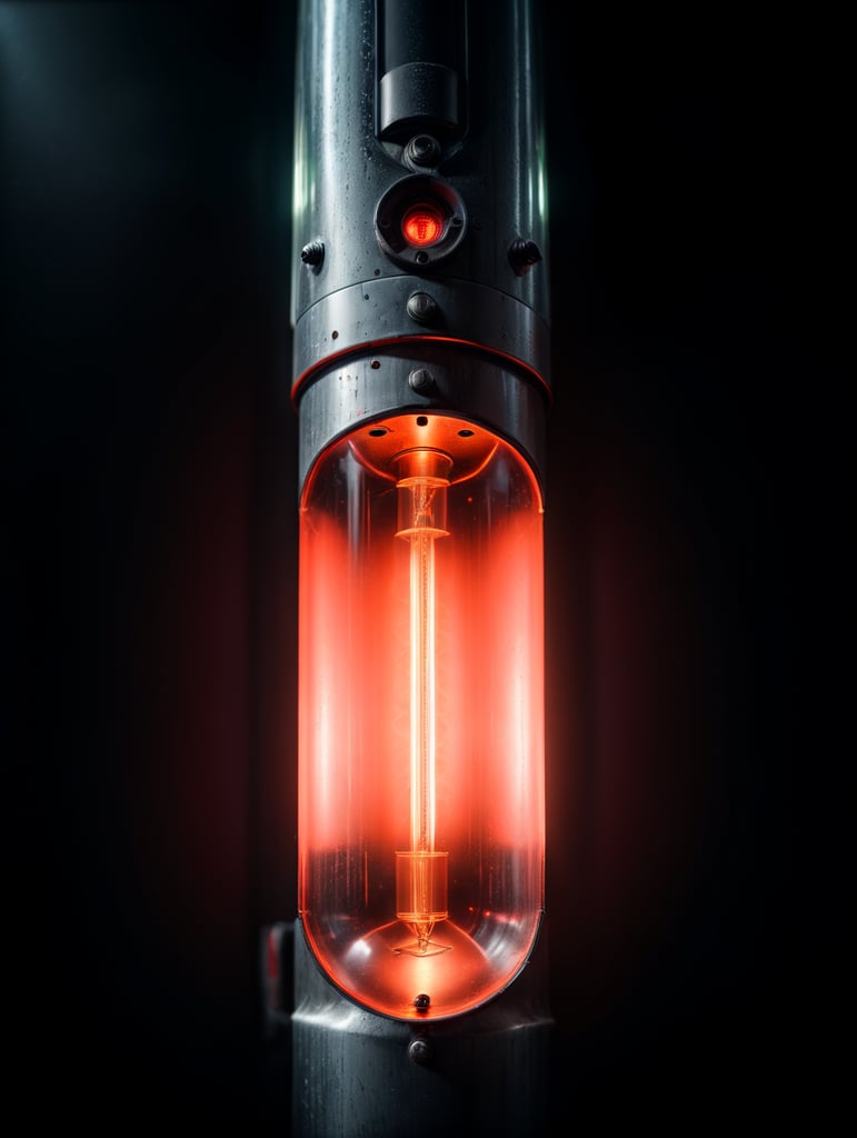 Close-up photo of a neon tube glowing with a bright red light, isolated, black background