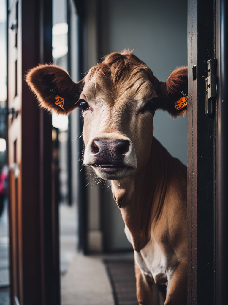 Cute small jersey cow waving at me and smiling greeting me in front of theater door