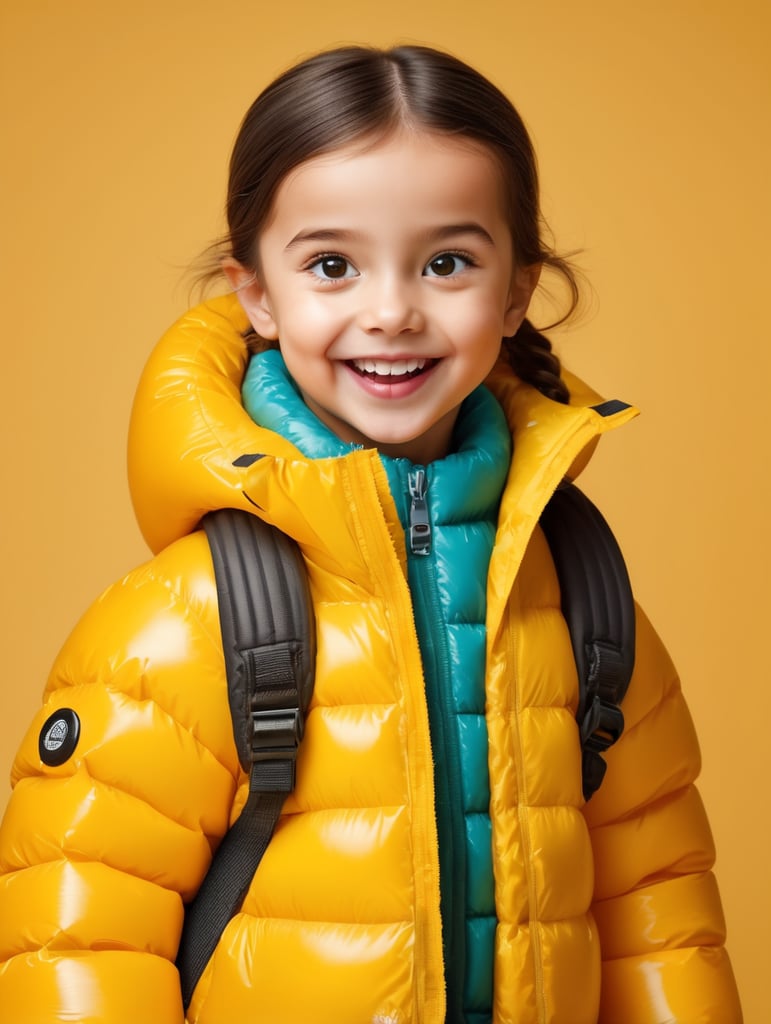 photo happy little girl going to travel, cute girl, dressed yellow inflatable puffer jacket, yellow background, harpers bizarre, cover, headshot, hyper realistic, vibrant colors