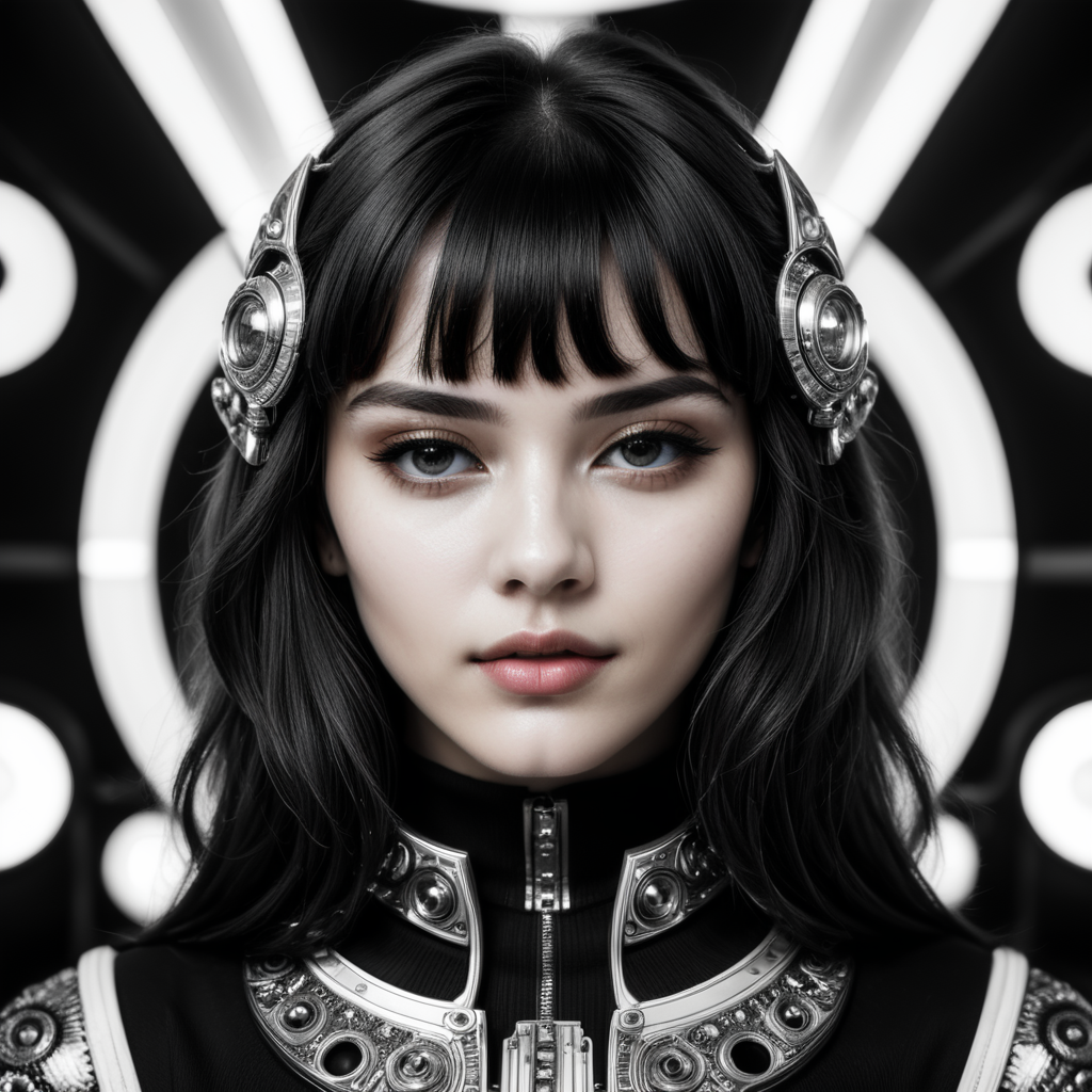 Cute girl model, retro futurist of high fashion, made in symmetrical black and white psychedelic style, black and white beauty, optical illusion, glitch art, flirty, shot on Canon