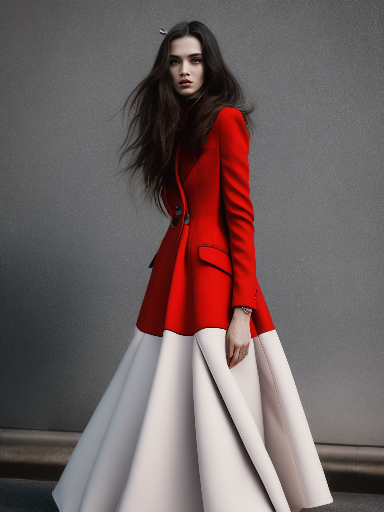 Meaningful surreal tumblr amateur balenciaga's street fashion photoshoot of a beautiful 3d girl, interesting poses, photorealistic, red and white colors, photo shoot, cinematic still shot, magazine photography, 35mm, film look