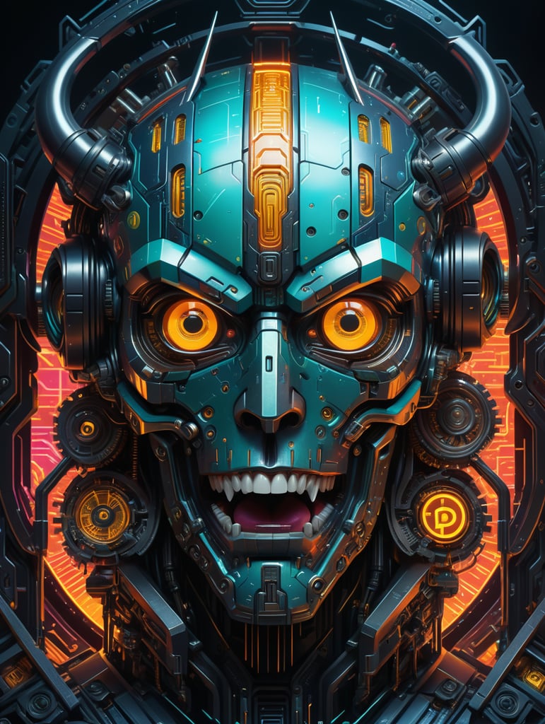 Create an icon for a cryptocurrency that combines elements of MATIC with holographic tusks in a cyberpunk style. Depict MATIC in a pixelated cubist style and surround it with mechanical tusks featuring holographic effects. Enhance the futuristic atmosphere with cool neon colors and an abstract futuristic background. The primary goal is to create a unique and recognizable icon that blends cyberpunk aesthetics with cryptocurrency symbolism