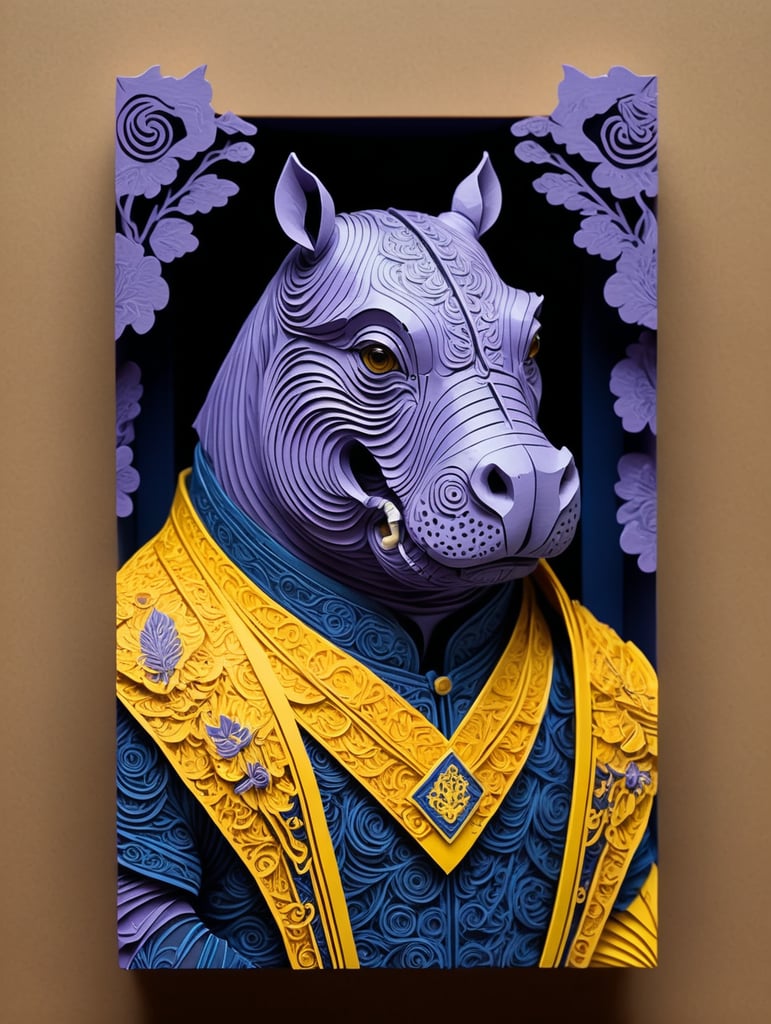 A gothic Woodcut linocut ink stamp block portrait of an anthropomorphic hippopotamus superhero wearing samurai armor, thick line, relief, in gothic style detail, lavender and blue and yellow and black color detail, visible woodgrain detail, high detail