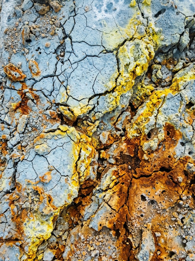 cracked pale blue crust, vivid sulfur yellow and rust orange mineral deposits, rugged porous textures, natural abstract aerial topography, sharp high-contrast photography
