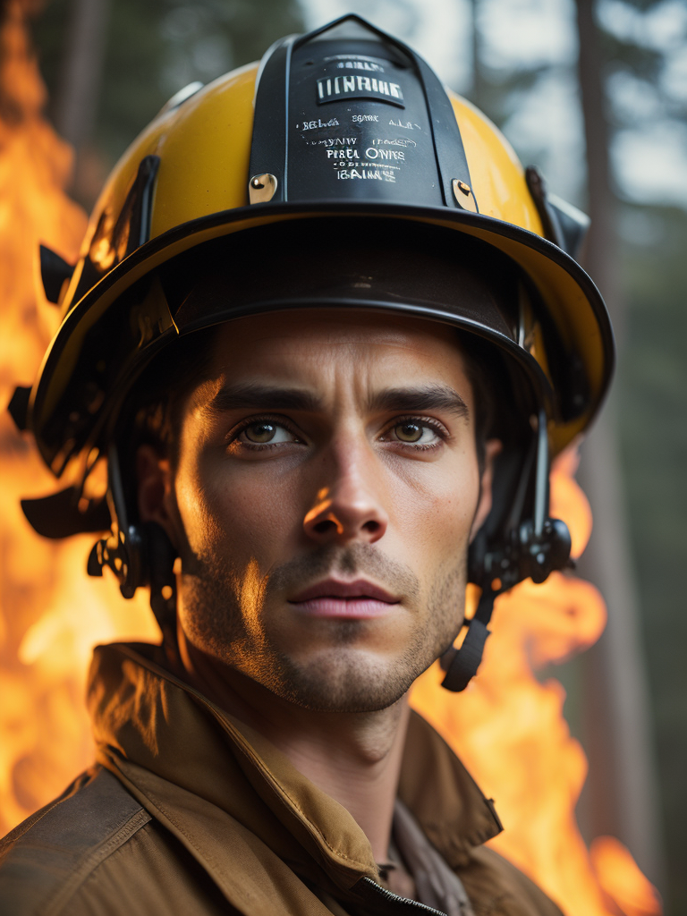 epic portrait of a Firefighter, close-up, forest fire, British Columbia Wildfire, Canada