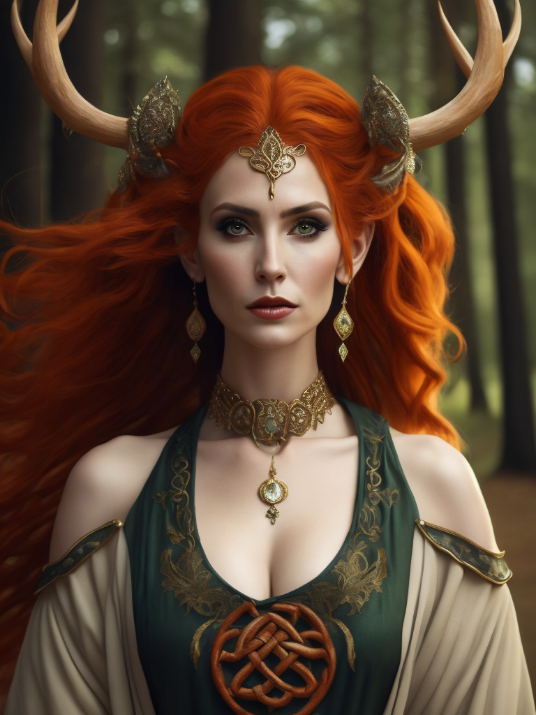 celtic pagan red haired woman wearing antlers on her head, regal goddess, beautiful, in a forest, wearing ancient goddess robes with celtic embroidery, has a staff, dark evening background